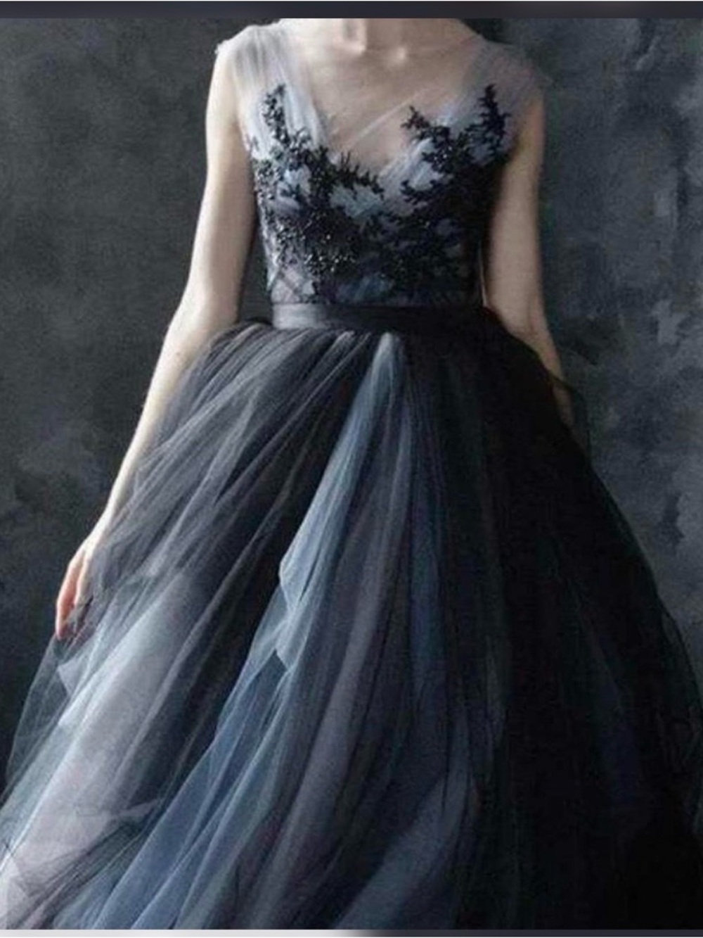Elegant Black,white,& greyish blue Tulle Wedding Dress with Lace Bodice